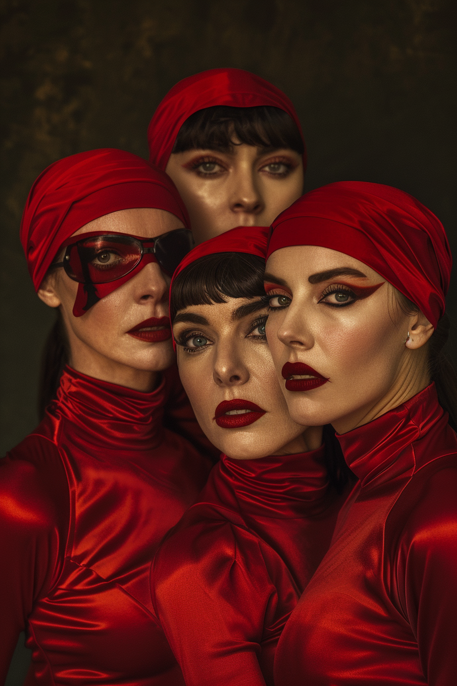 Portraits of four evil, attractive women in red latex.