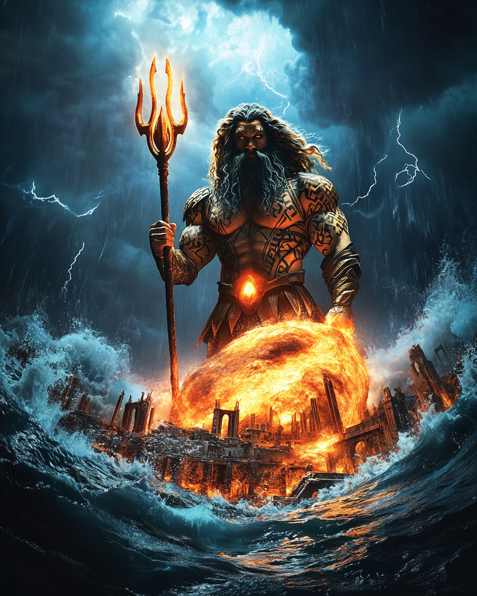 Poseidon controlling Atlantis whirlpool with glowing trident, vortex swirling.