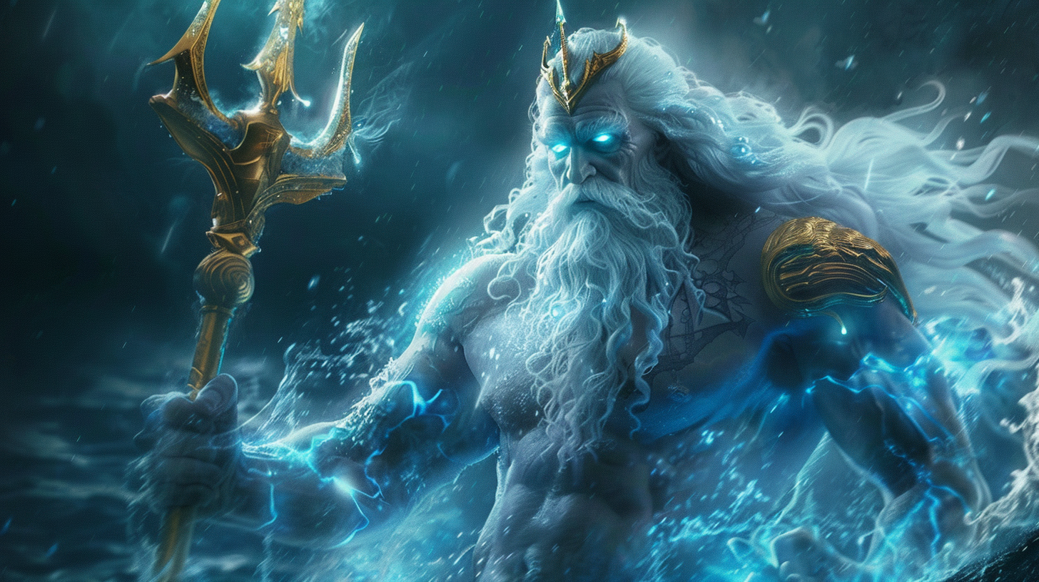 Poseidon with trident, blue eyes, white hair/beard, high resolution.