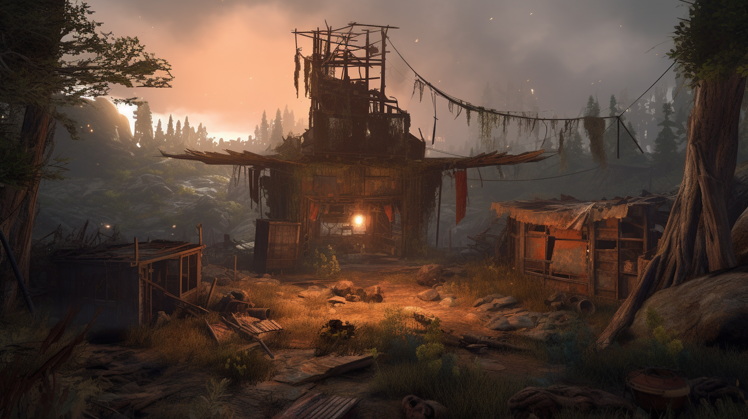 Post-Apocalyptic Rust-Inspired Landscape with Shelter, Campfire, Watchtower 