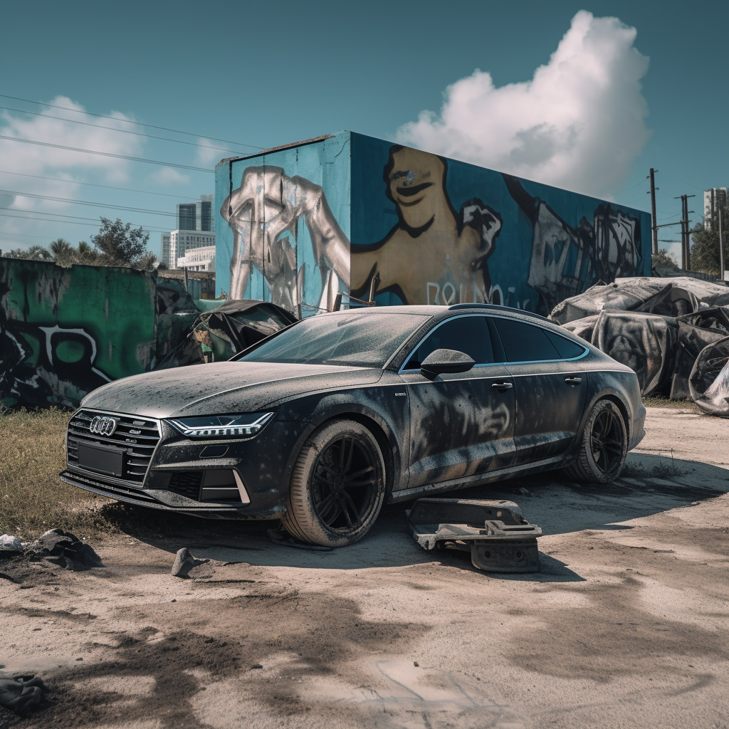 Post-apocalyptic Audi A7 with lift, machine gun, Miami decay