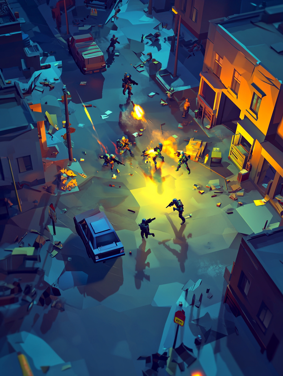 Post-apocalyptic SWAT team fighting zombies in low-poly 3D.