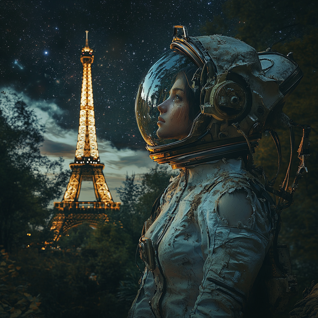 Post-apocalyptic female astronaut surrounded by nature and destruction