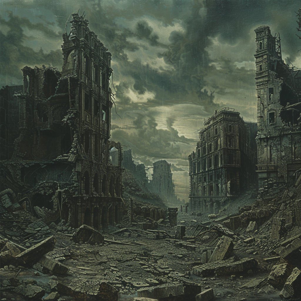 Post-apocalyptic wasteland with ruined buildings and foreboding atmosphere.