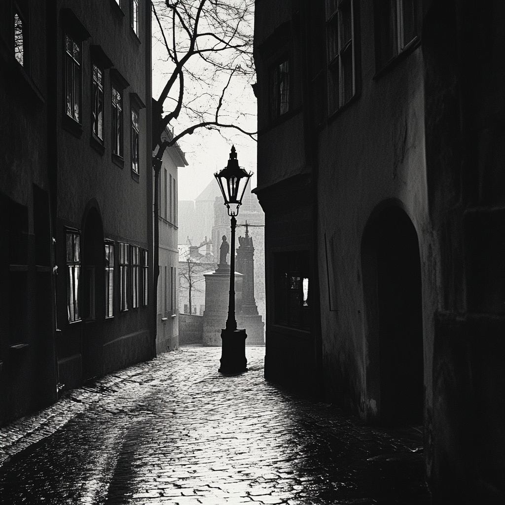 Post-war Czechoslovakia street view with famous monument.