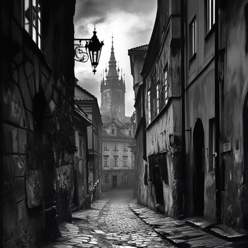 Post-war Czechoslovakia street with famous Prague monument, black-and-white.