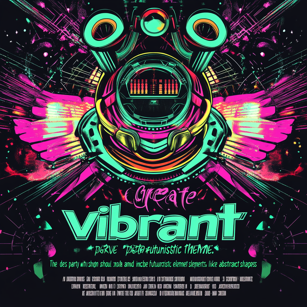 Poster for rave; retro-futuristic theme; green tone; abstract shapes.