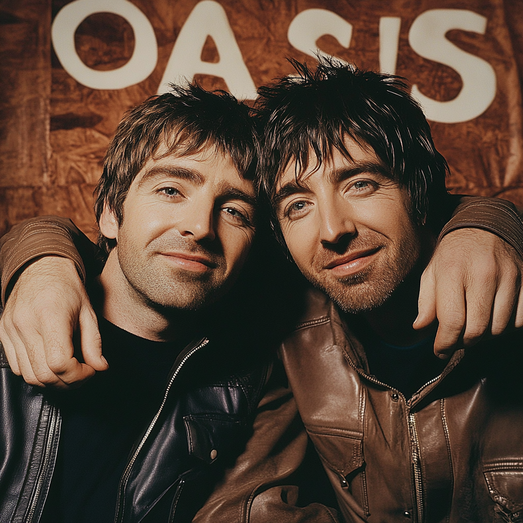 Poster with Noel and Liam Gallagher from Oasis smiling.