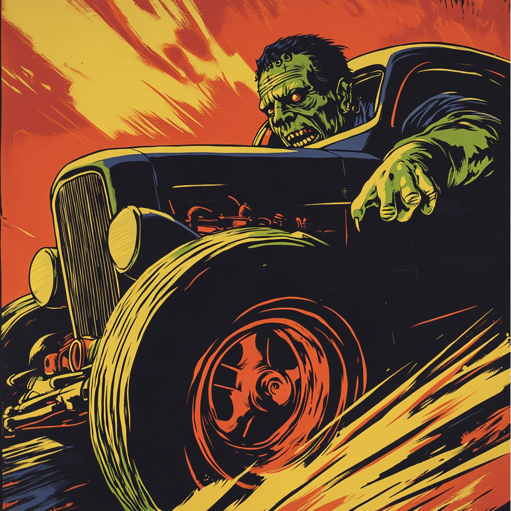 Poster: Frankenstein's monster drives American hot rod.