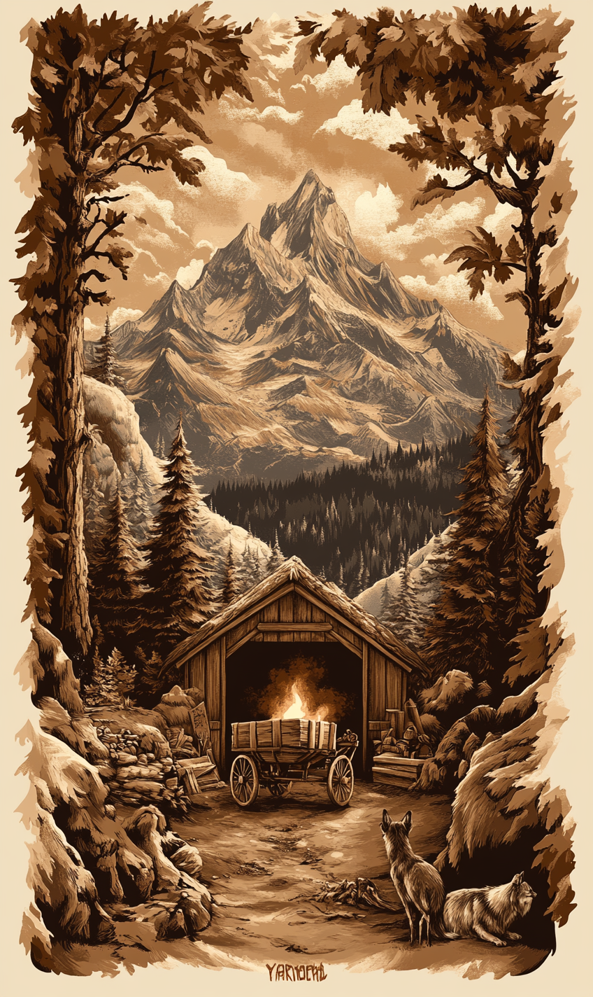 Poster: Mining company with Yggdrass, mountain, campfire, animals.