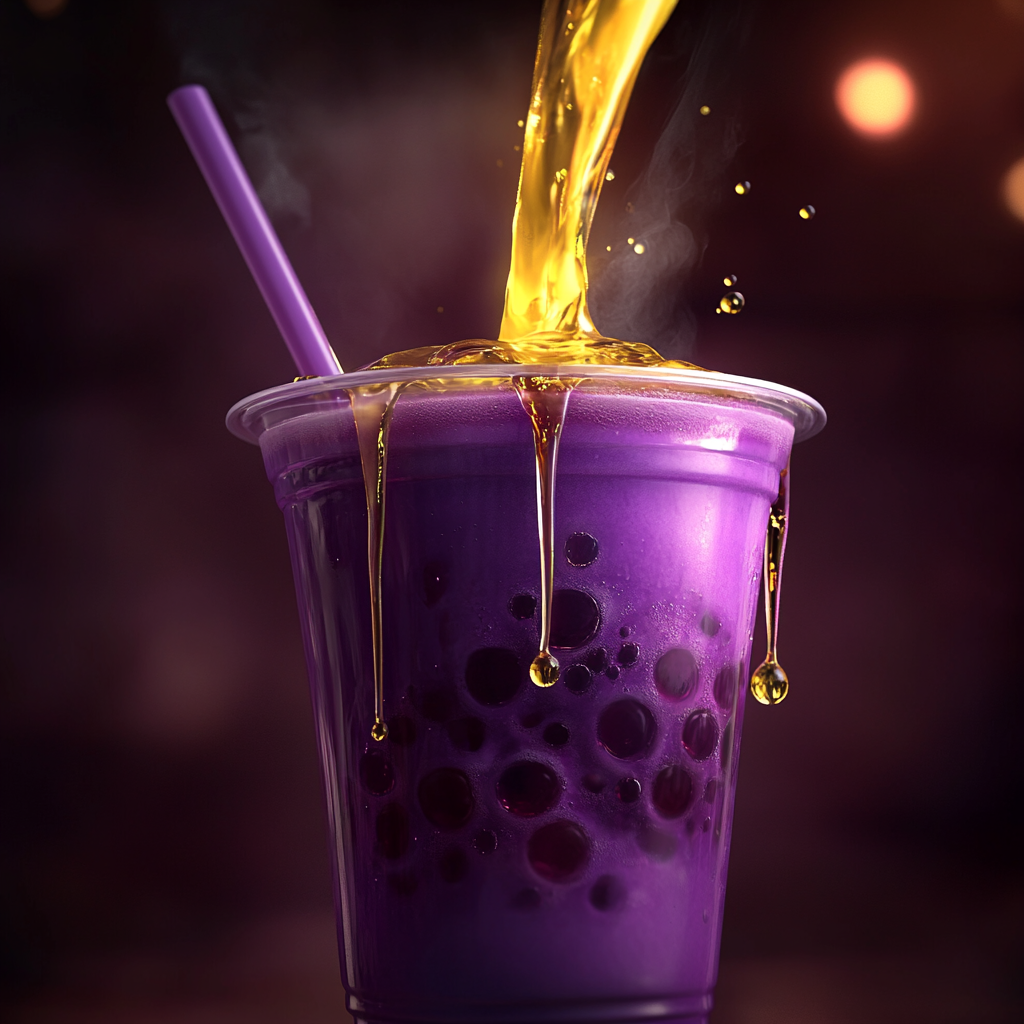 Pouring yellow liquid into purple bubble tea glass