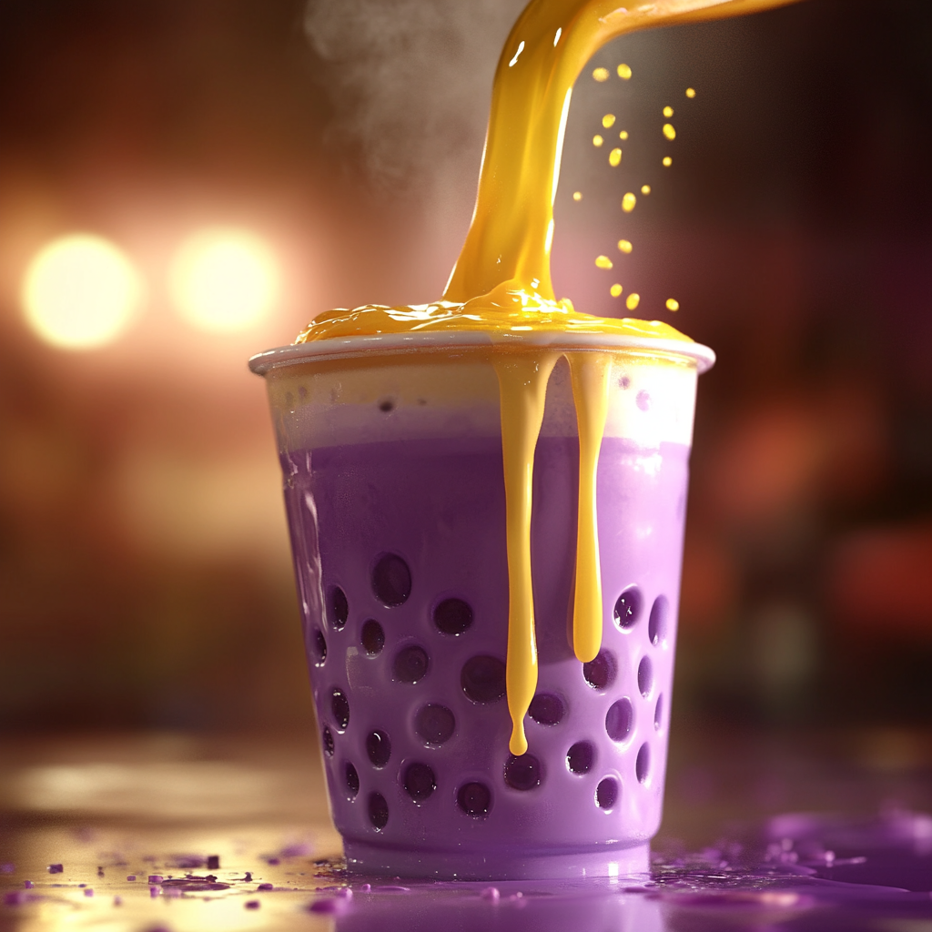 Pouring yellow liquid into purple bubble tea with straw.