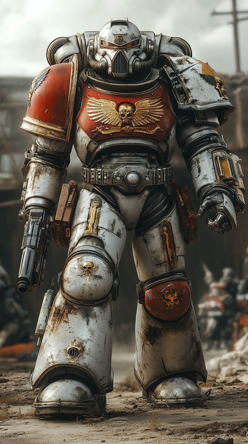 Power armored space marine in cinematic digital art portrayal.