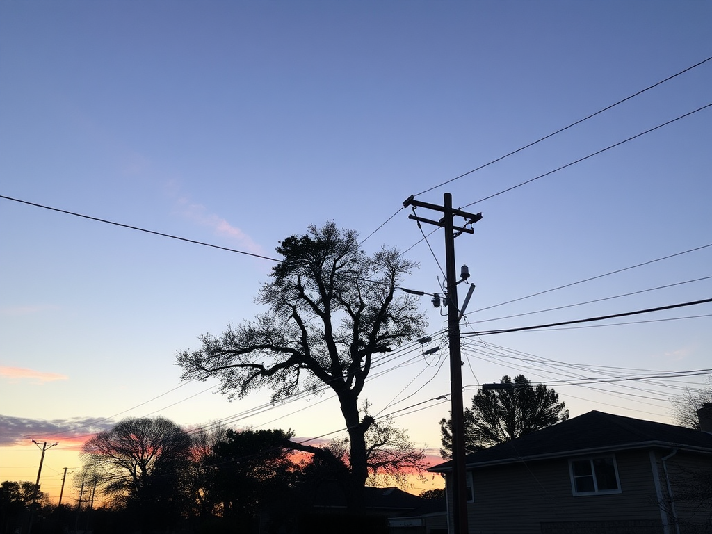 Power lines cross sky above house at sunset.