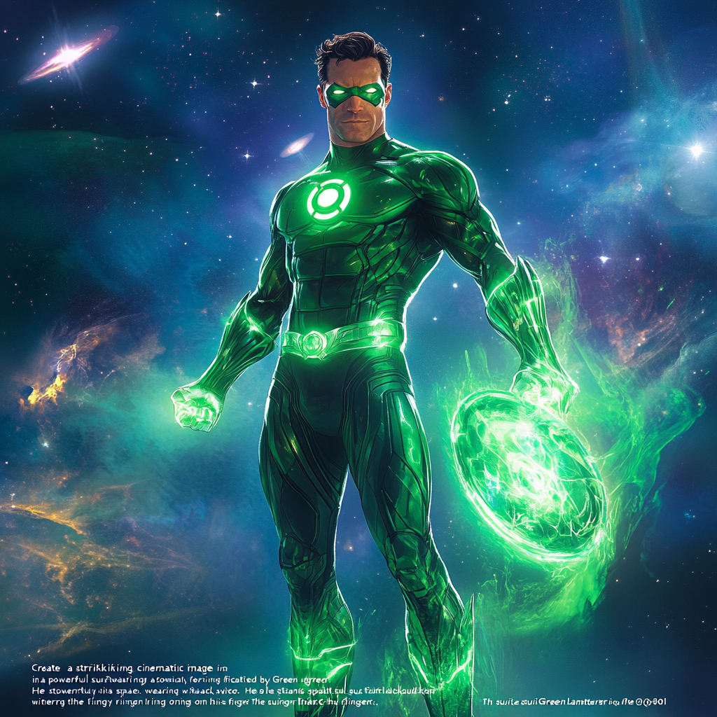 Powerful Green Lantern with glowing suit and energy shield.