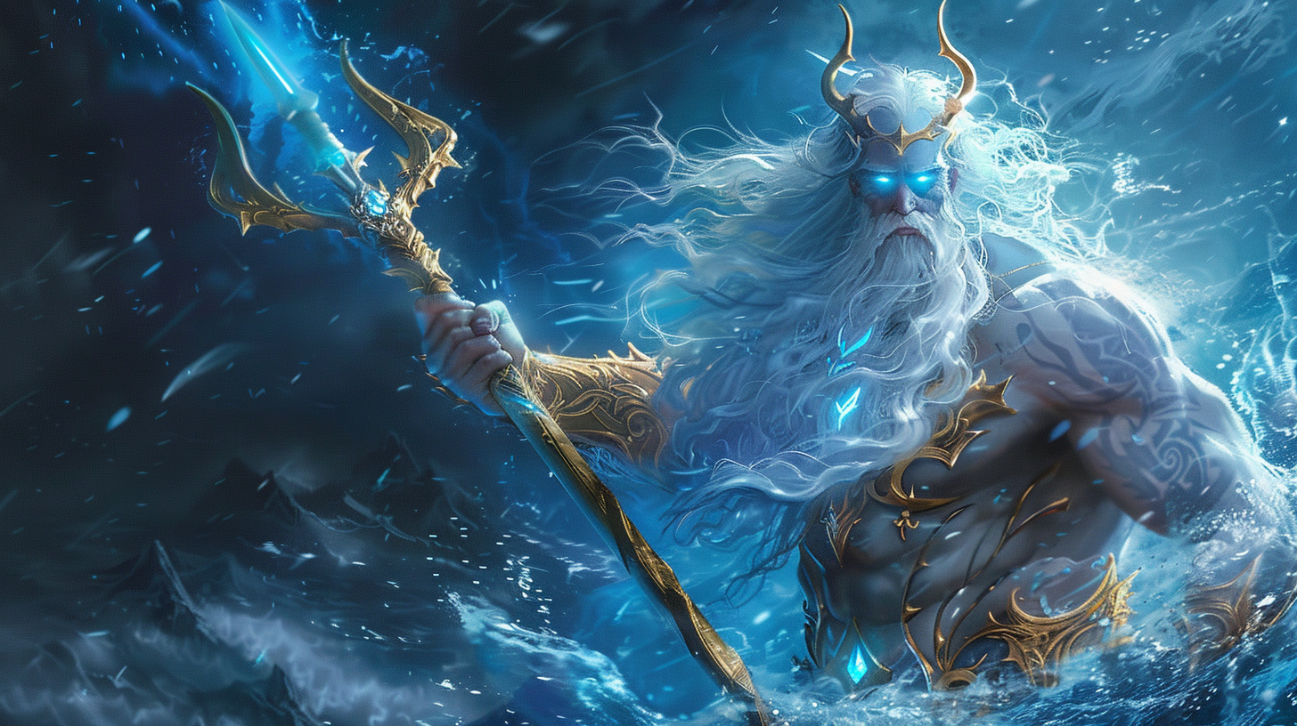 Powerful Sea God with trident, glowing eyes, white hair.