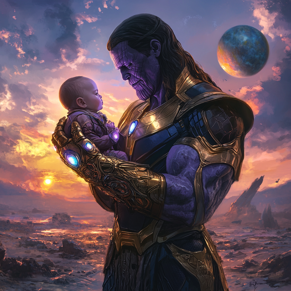 Powerful female Thanos, gentle with baby, Infinity Gauntlet.