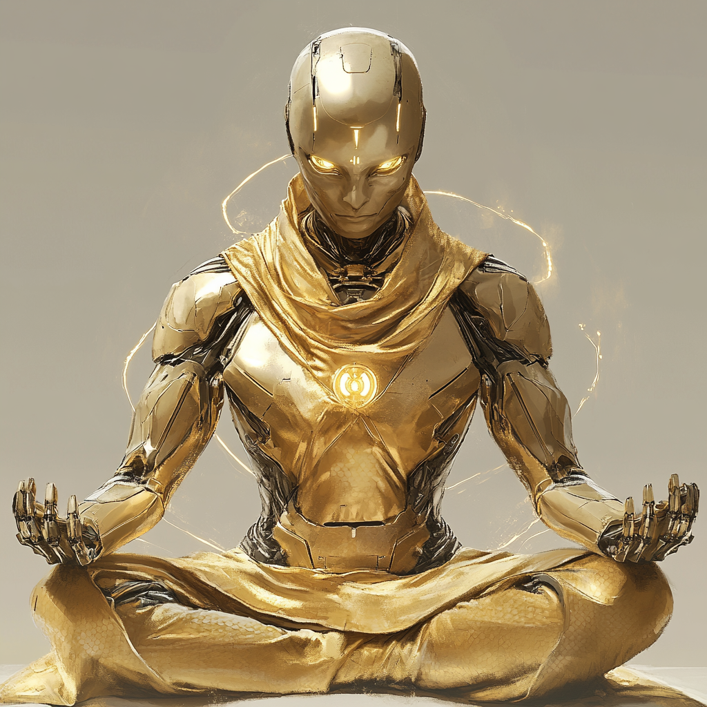 Powerful robot guru in gold armor meditating peacefully.