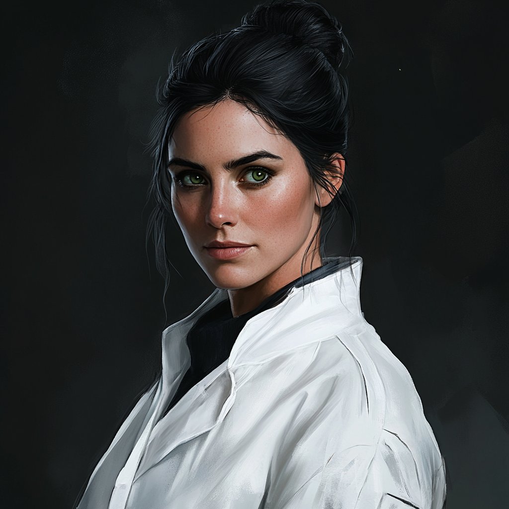 Pragmatic woman in lab coat, green eyes, dark hair.