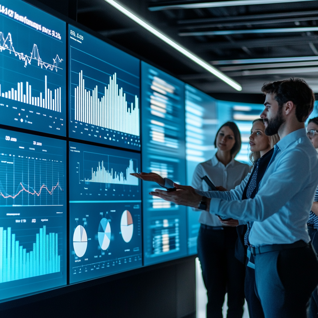 Presenting business analytics research to global audience with data charts.