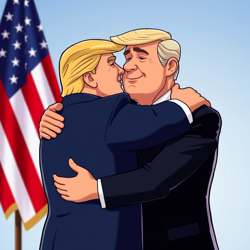 President Trump hugs Netanyahu in animated image.