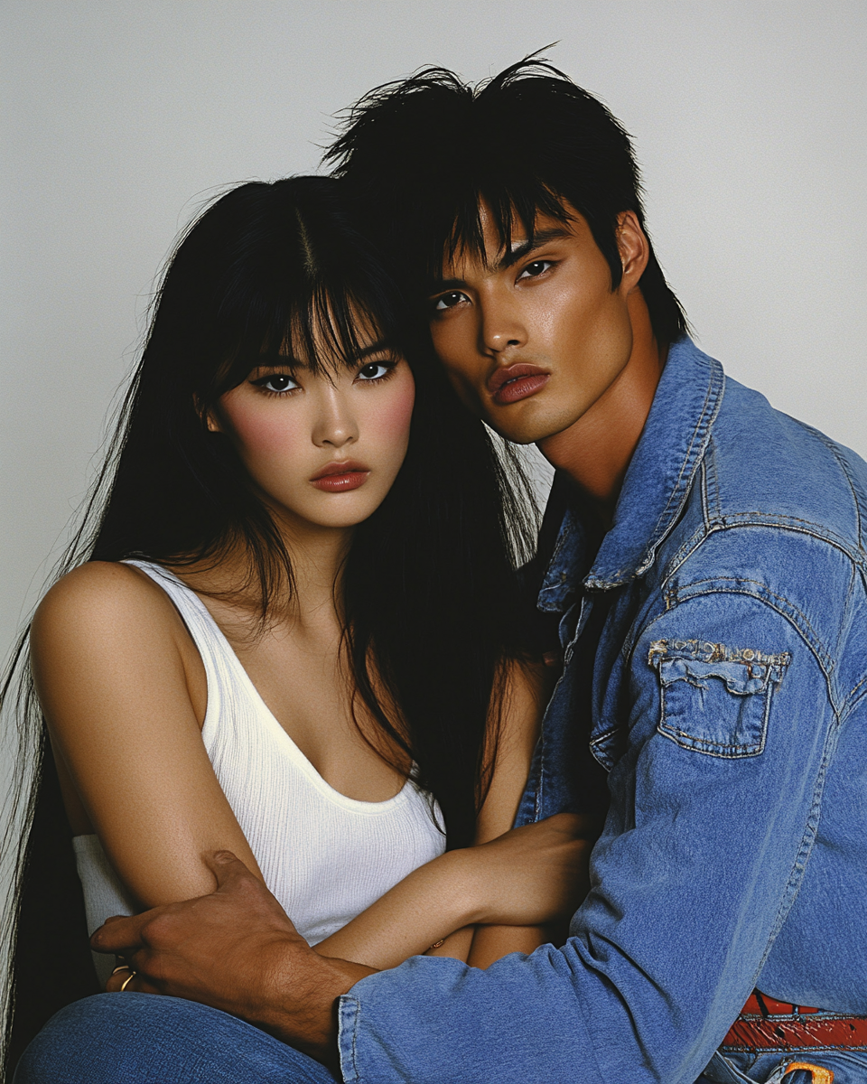 Pretty Asian girl with boyfriend, high fashion magazine cover.