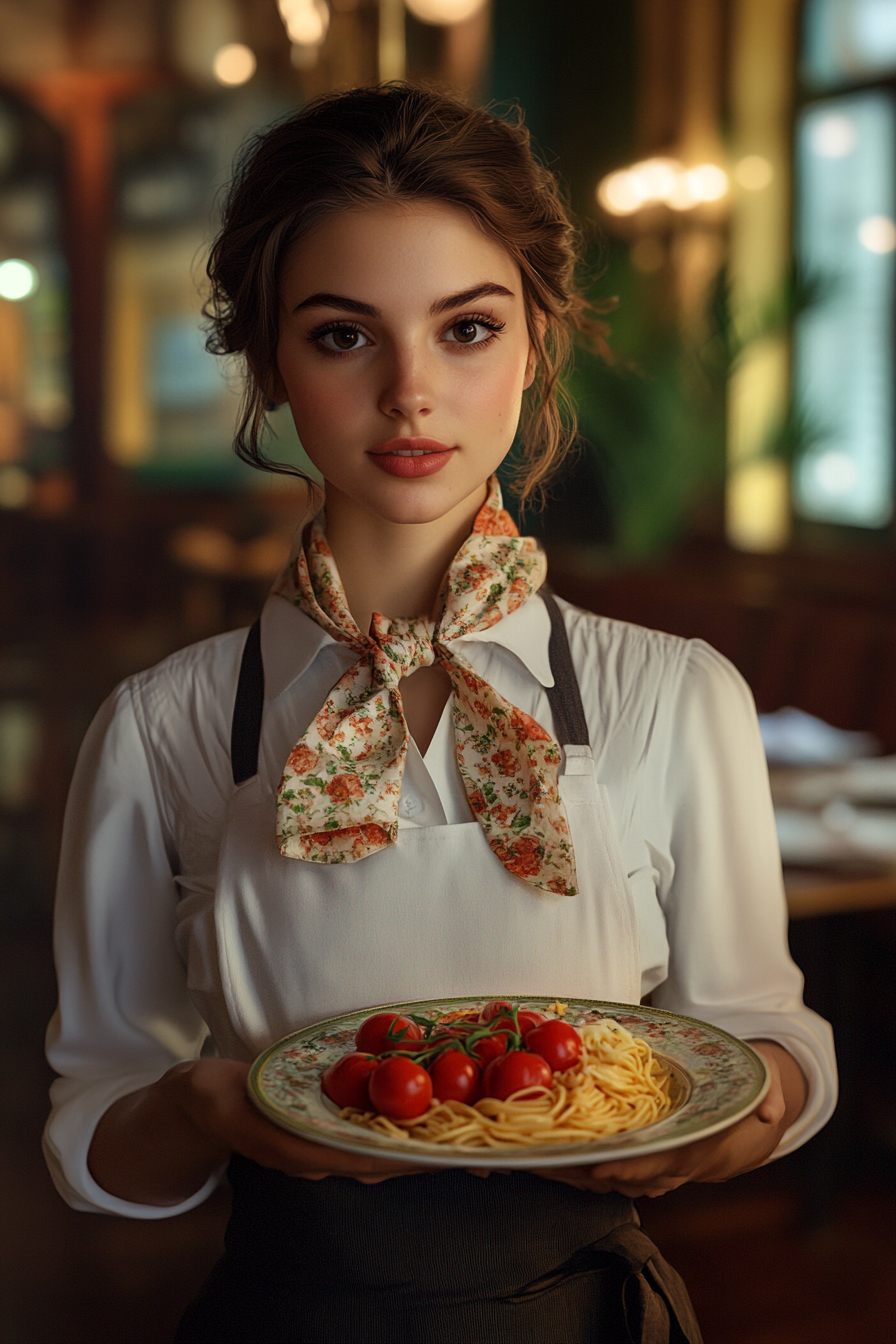 Pretty Italian waitress in Italian restaurant serving pasta.