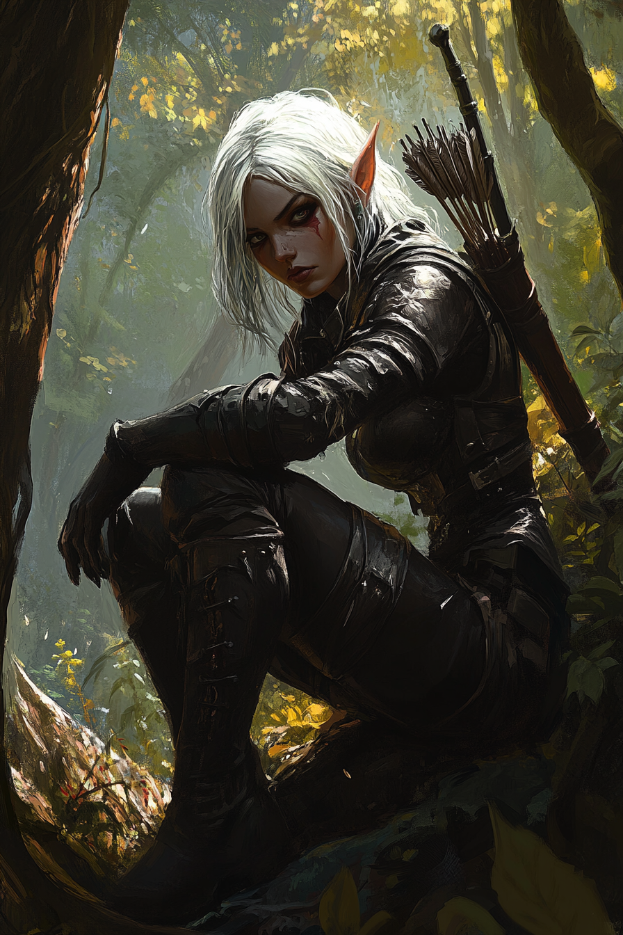 Pretty drow female ranger in dark leather armor.