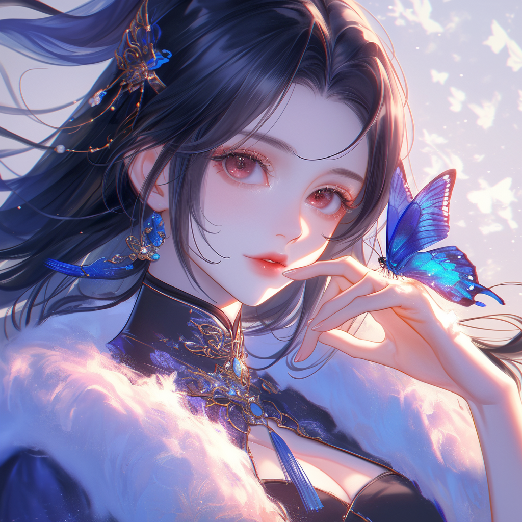 Pretty girl with long black hair and butterfly.