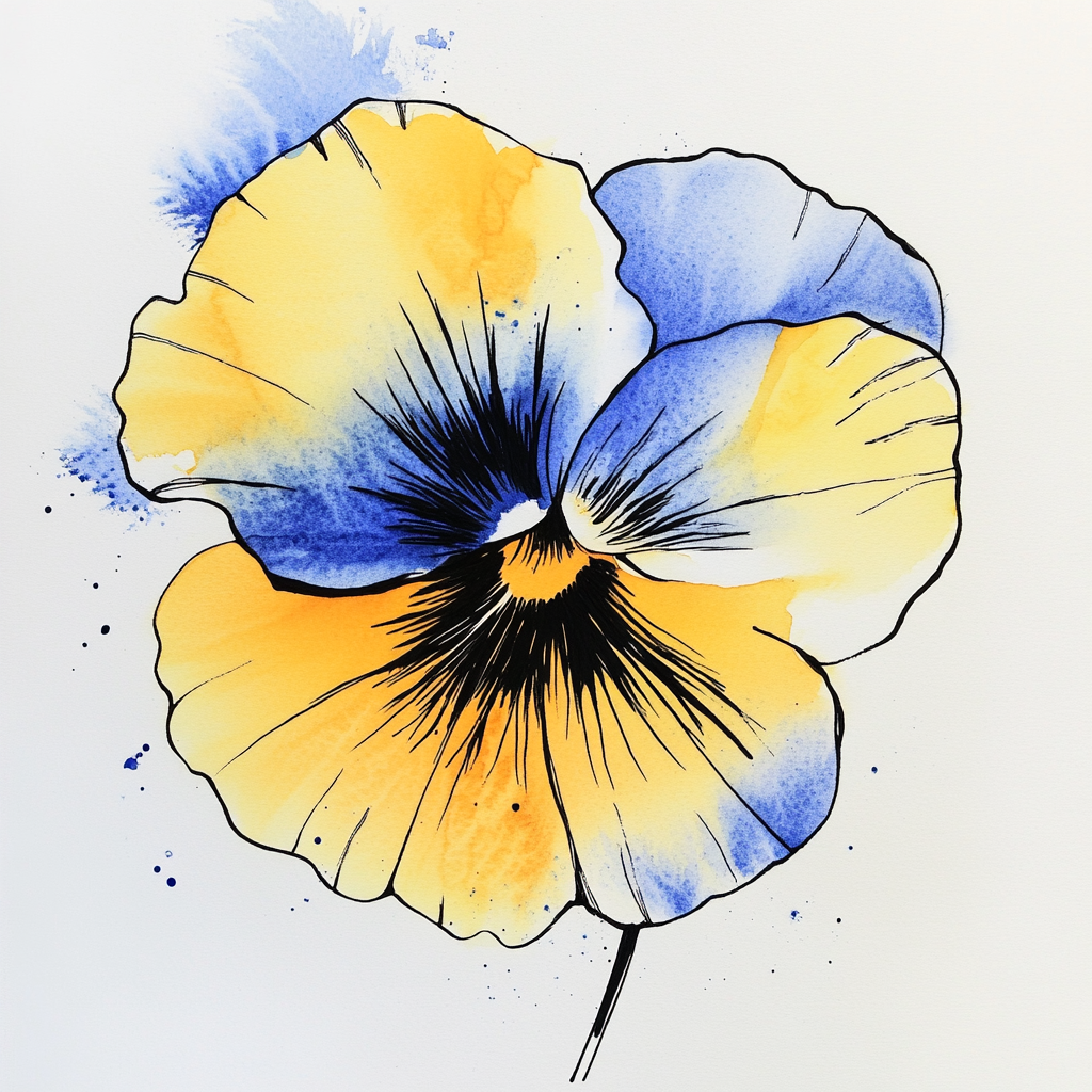 Pretty watercolor and ink flower drawing on white paper.