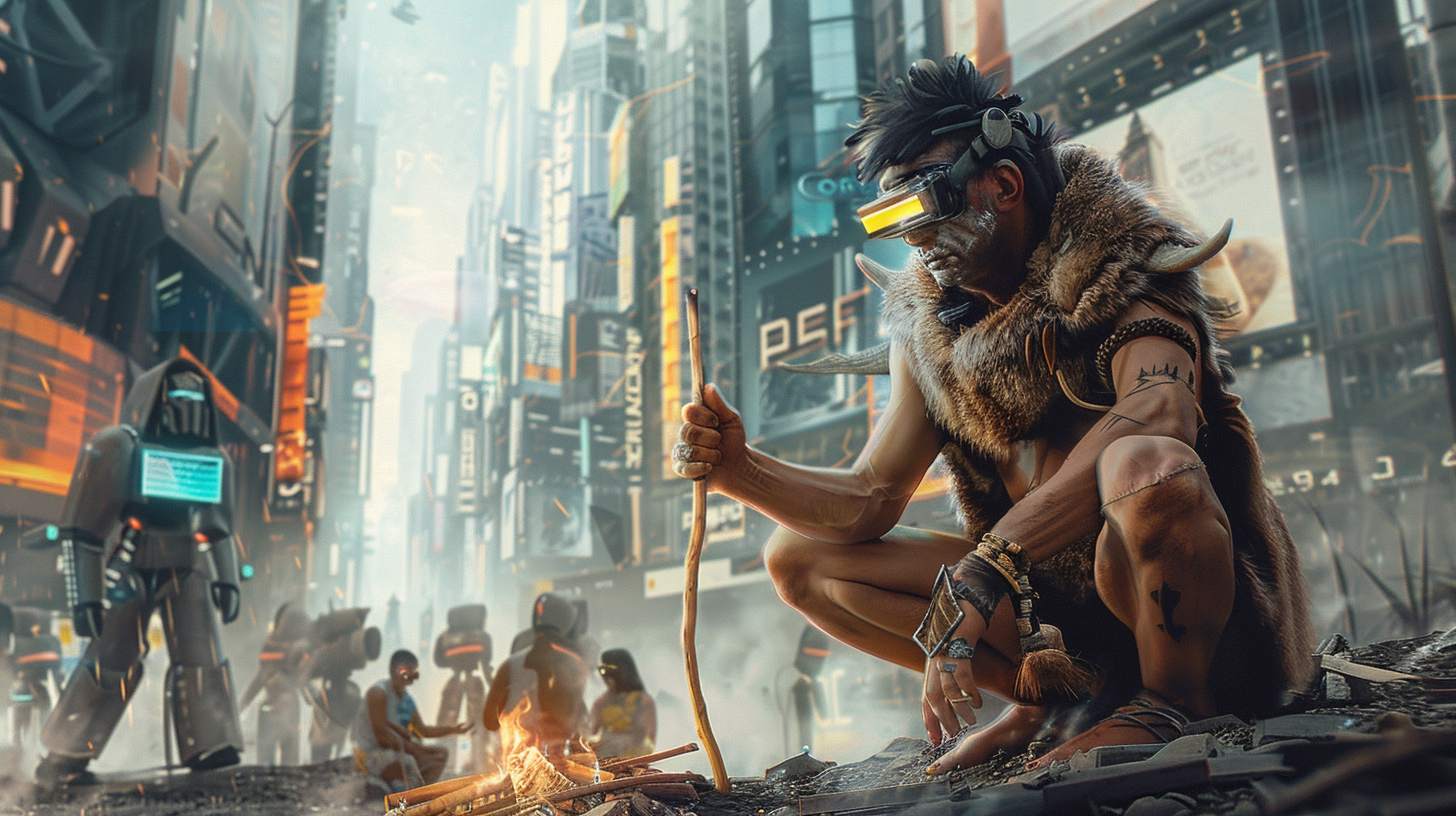 Primitive man struggles to light fire in futuristic city.