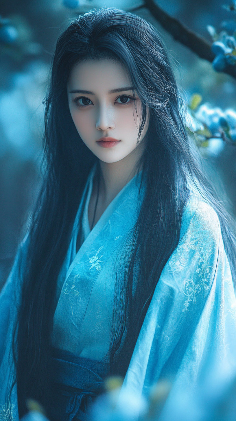 Princess in Blue Robe Smiling in Enchanted Forest