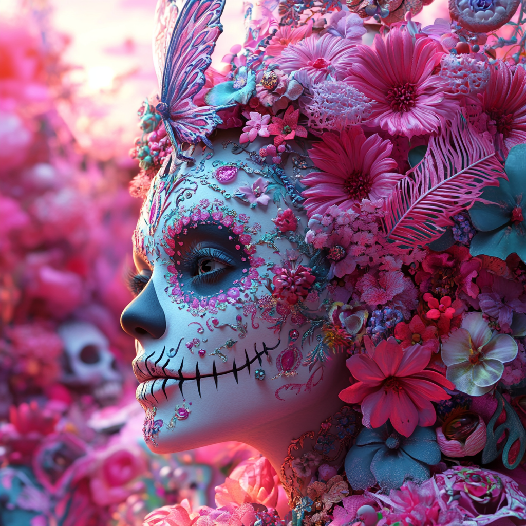 Princess in Dia de los Muertos-themed magical illustration.