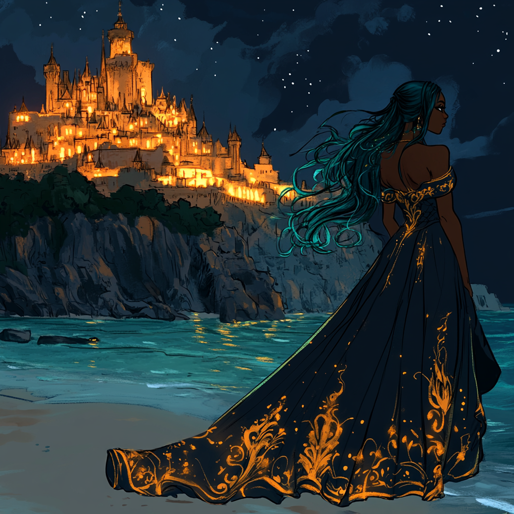 Princess with teal hair walks by seaside castle at night