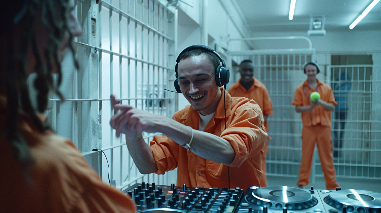 Prisoner DJing in White Cell with CDJ 2000 Decks