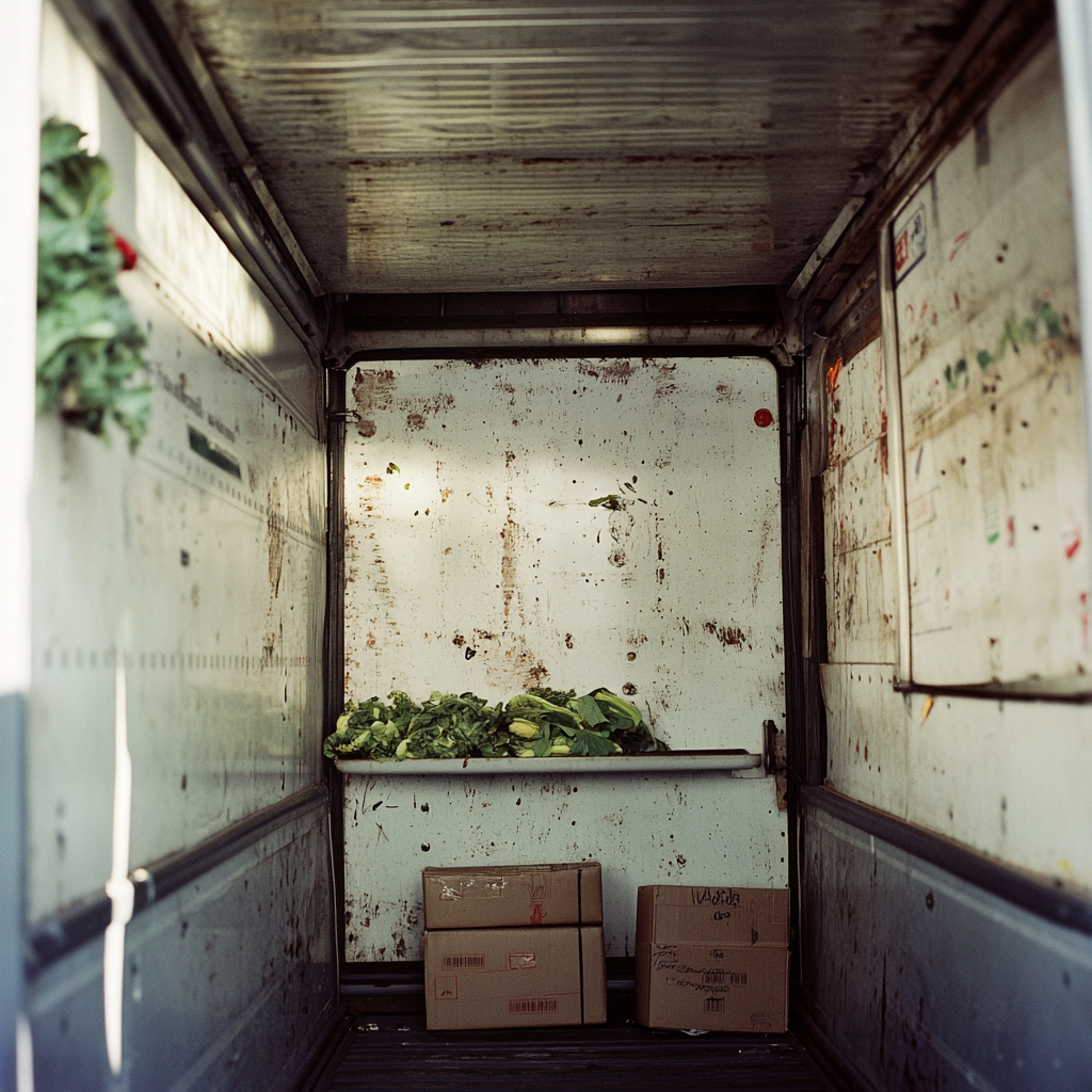 Produce boxes stacked near ceiling in box truck.