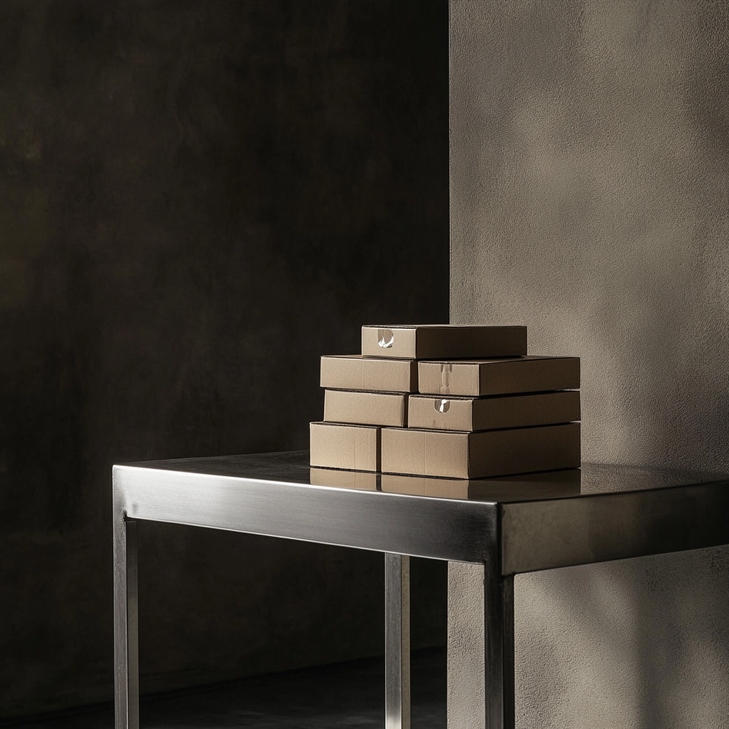 Product photography: Brown boxes on stainless steel table