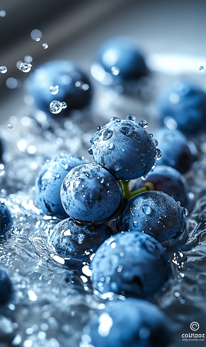 Product shot of dark blue grapes in sparkling water.