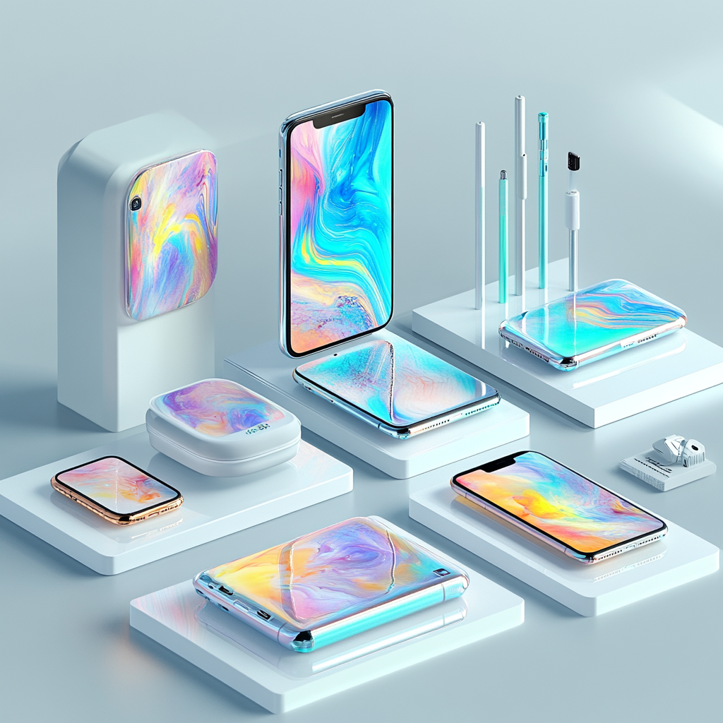 Product table for phone shop with abstract acrylic background.