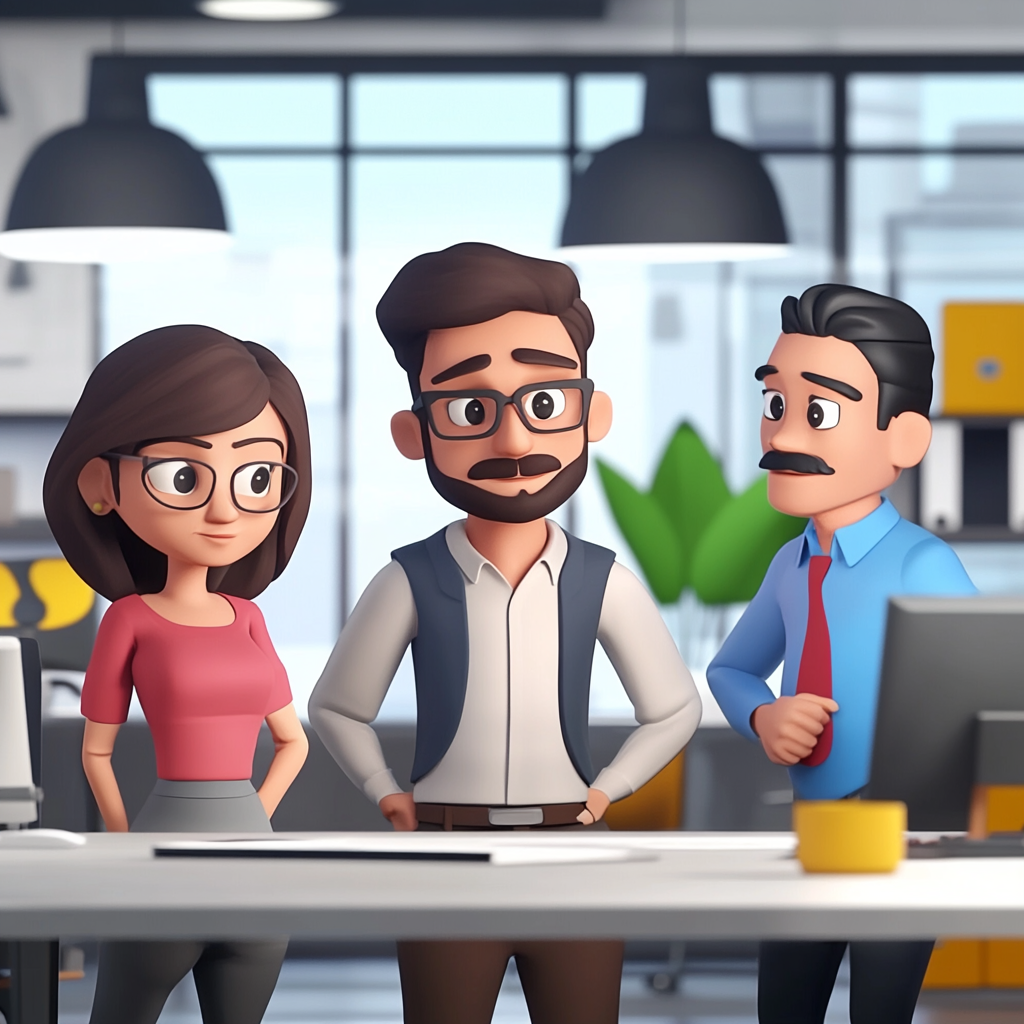 Professional 3D cartoon people presenting skills in office.