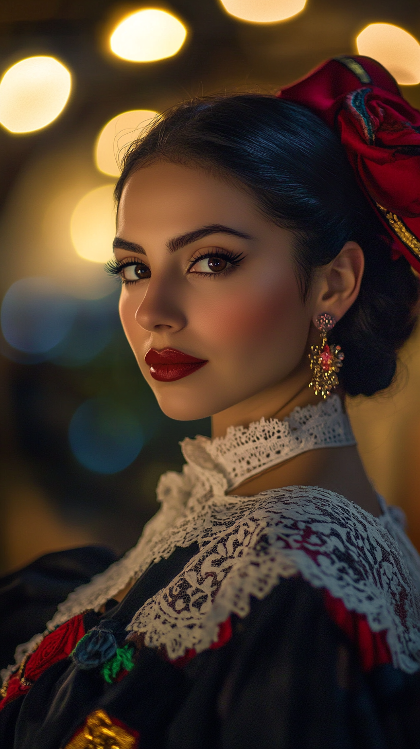 Professional Night Lighting Photo: Mexican Woman Mariachi Celebrating Independence