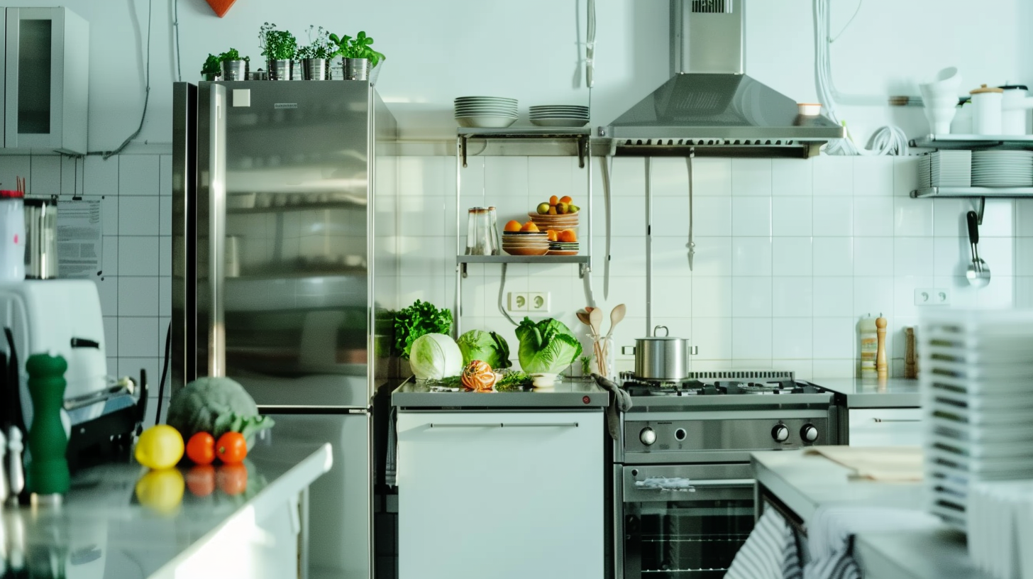 Professional Restaurant Kitchen: White, Clean, Big Fridge