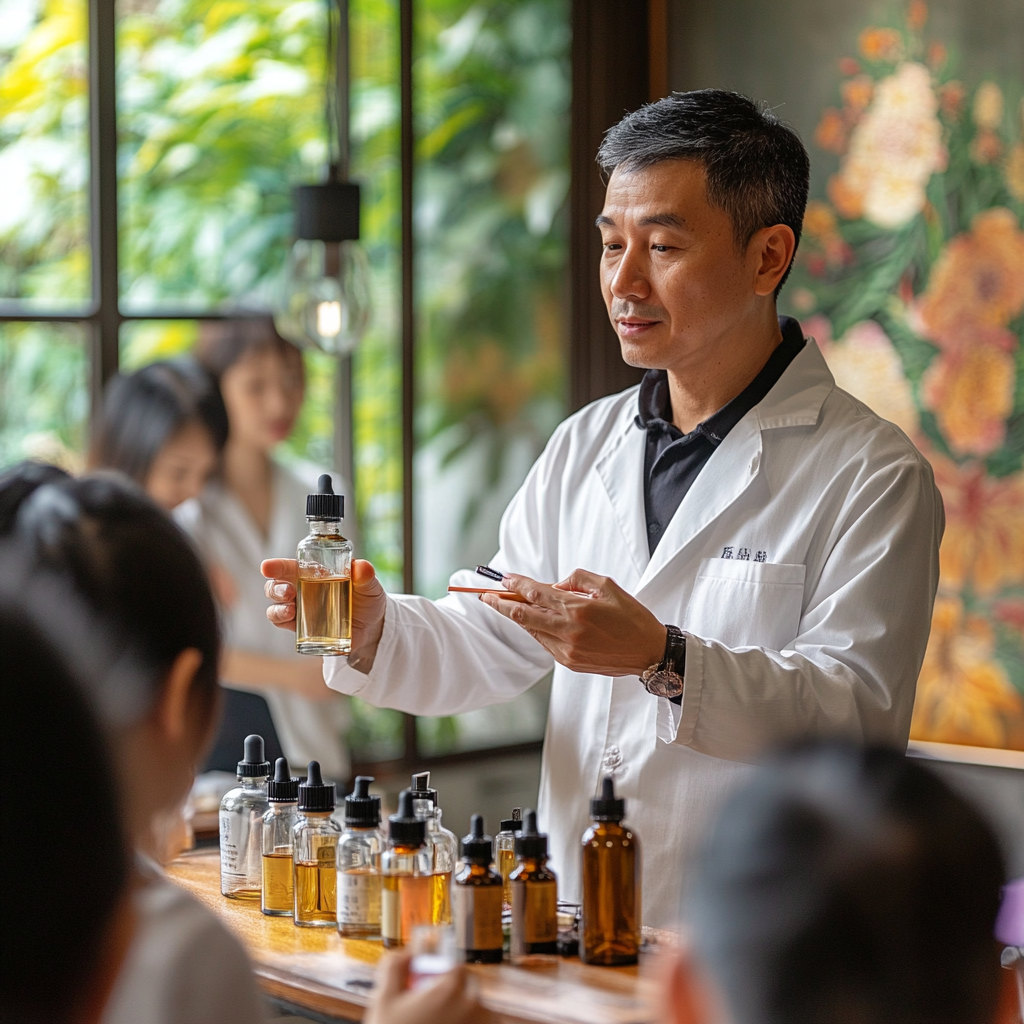 Professional Taiwanese instructor guides students in perfume blending class.