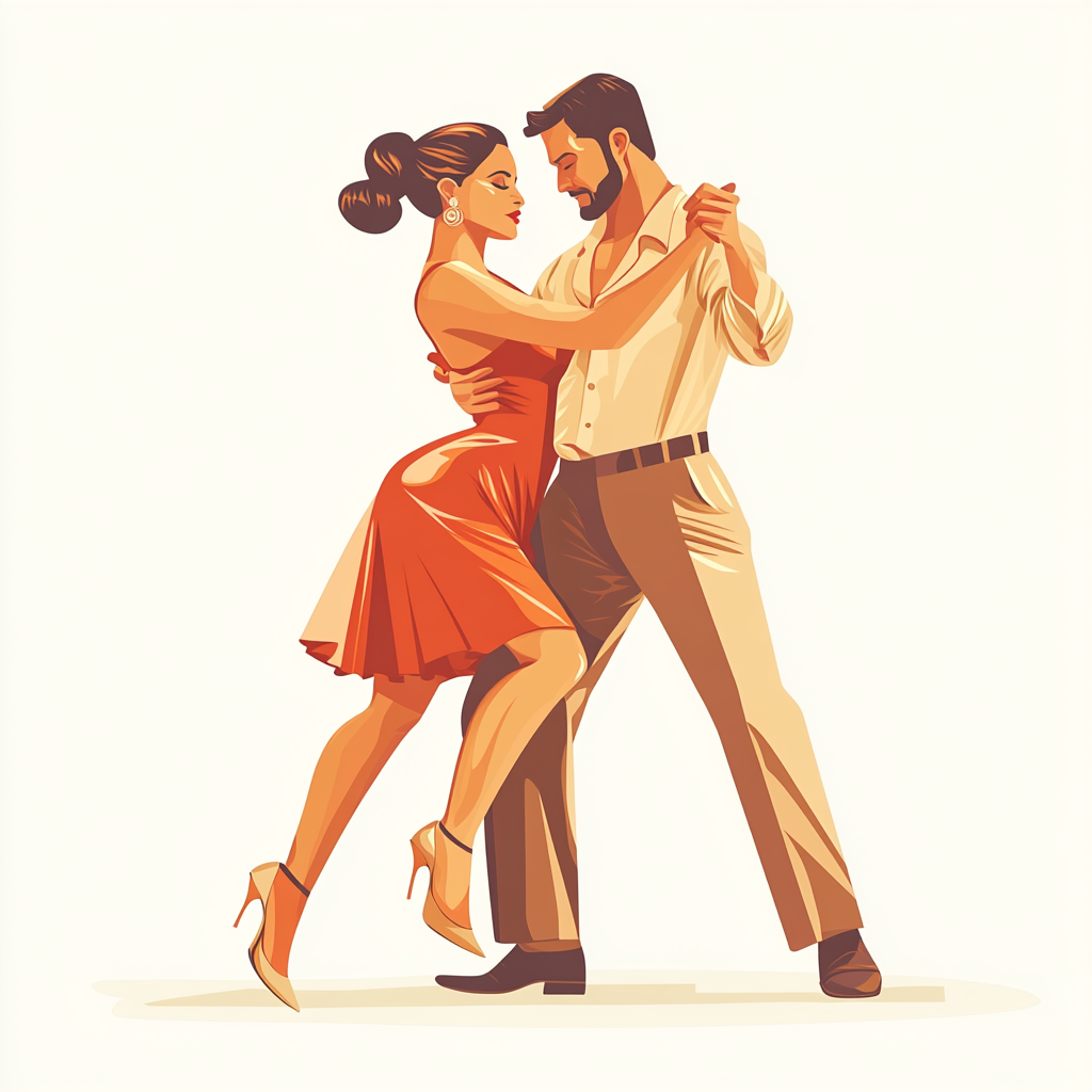 Professional ballroom dancers cha-cha-cha in colorful vector style.