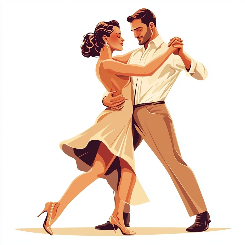 Professional ballroom dancers dancing cha-cha-cha in colorful vector style.