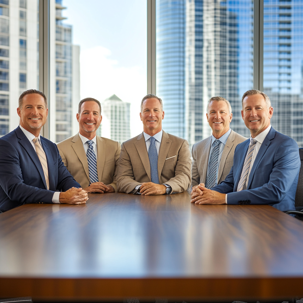 Professional executives in navy and beige at conference table