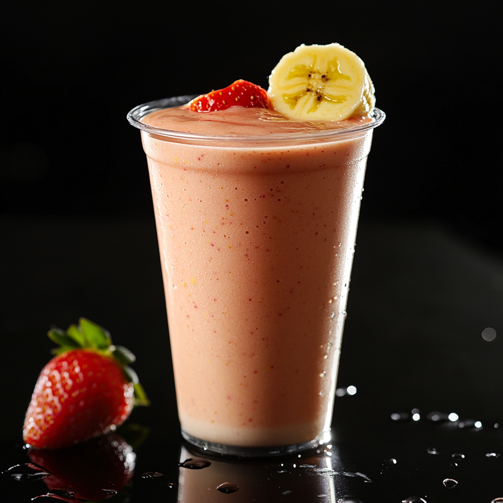 Professional food photography of golden smoothie in clear cup.