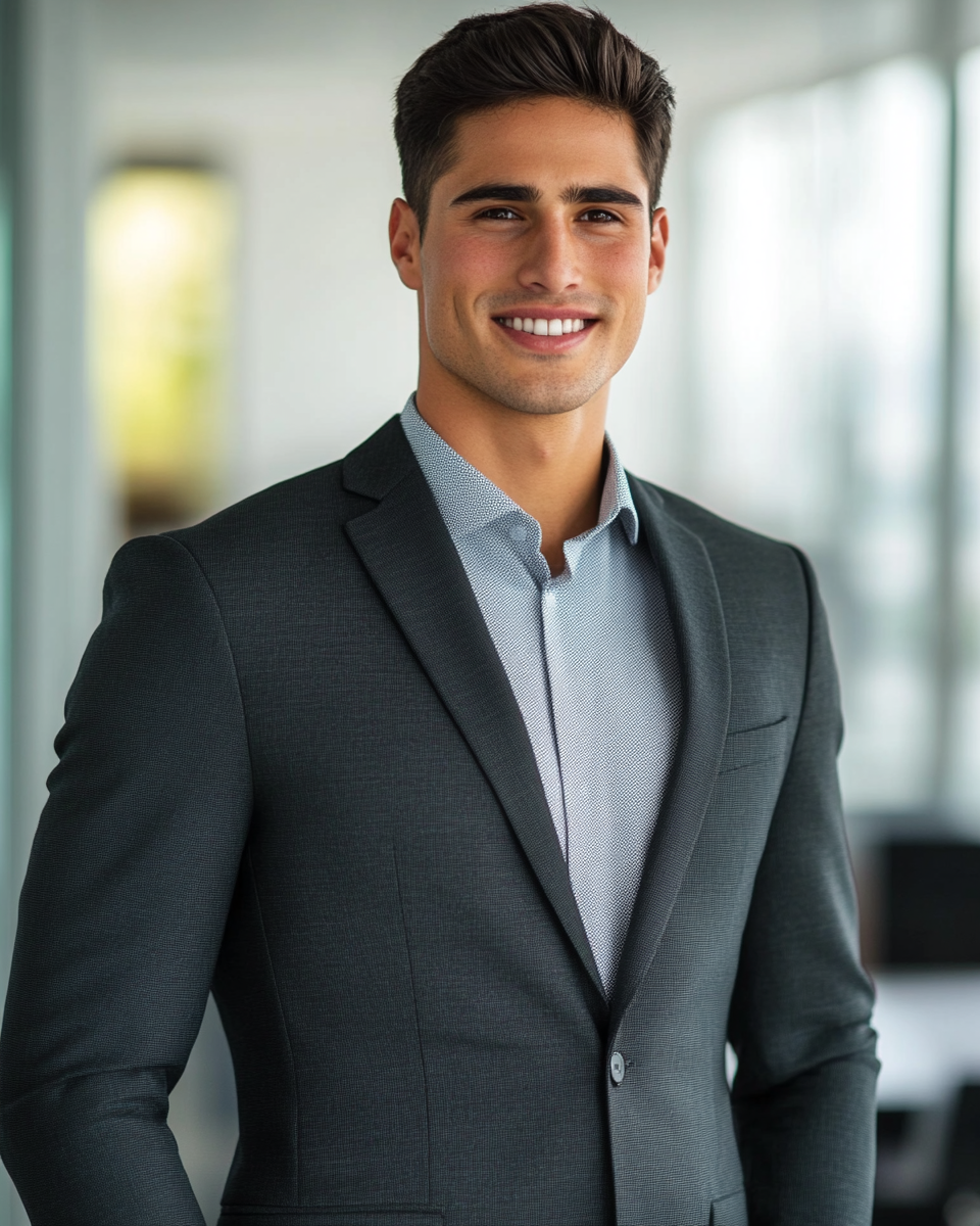 Professional man in suit smiling, office background