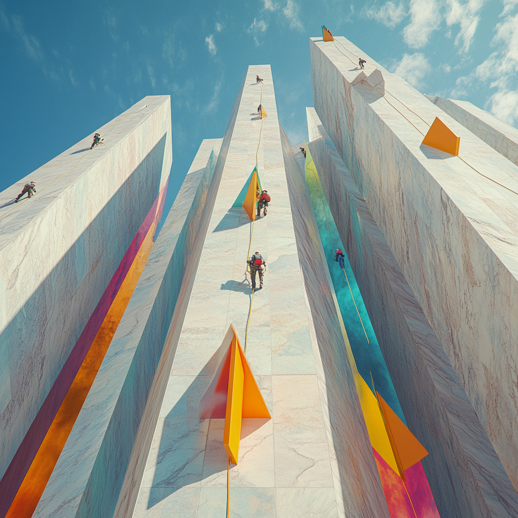 Professional photo of tall, colorful buildings with business people.