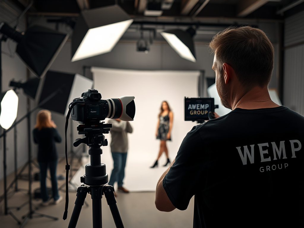 Professional photo shoot in well-lit studio with fashion model.